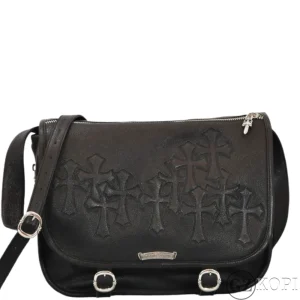 CHROME HEARTS クロムハーツ セメタリークロスパッチ レザーショルダーバッグ メンズ ブラック×シルバー