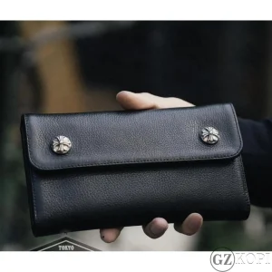 クロムハーツ（Chrome Hearts）ウェーブウォレット クロスボタン ブラック ヘビーレザー｜人気定番モデル 長財布