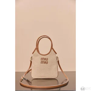 ミュウミュウ（Miu Miu） IVY キャンバス × レザー バッグ 5BA281_ACRN｜ナチュラル ミニサイズ