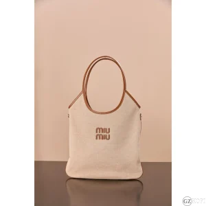 ミュウミュウ（Miu Miu） IVY キャンバス × レザー バッグ 5BG231_ACRN｜ナチュラル レギュラーサイズ